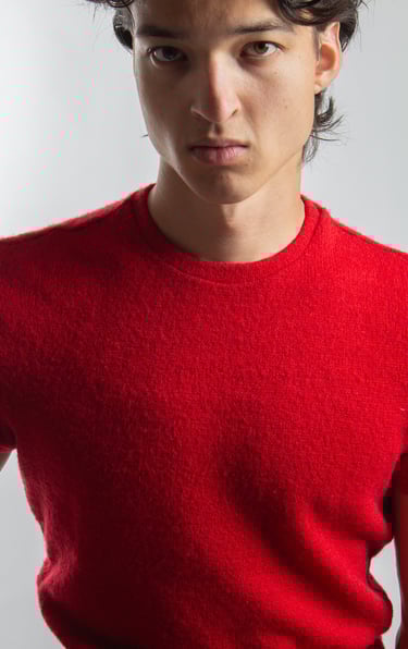 Young man wearing a bright red wool knit crewneck sweater against a plain grey background.