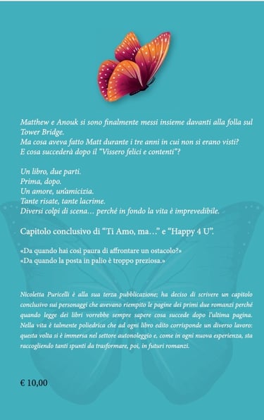 Uno sfondo azzurro con una farfalla arancione fanno da sfondo alla sinossi del libro e la biografia