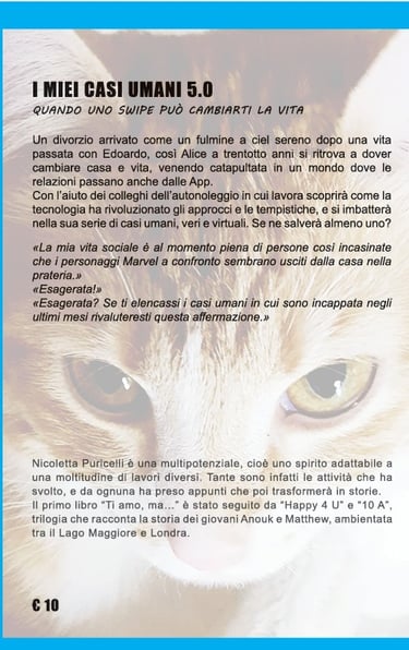 Un gatto fa da sfondo alla sinossi del libro e la biografia, gli occhi spiccano