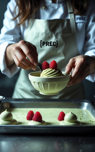 Una pasticcera con grembiule sta ultimando una tazza di gelato che tiene in mano sopra un bancone
