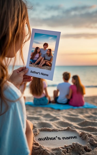 Una ragazzza di spalle regge una fotografia stando in spiaggia al tramonto