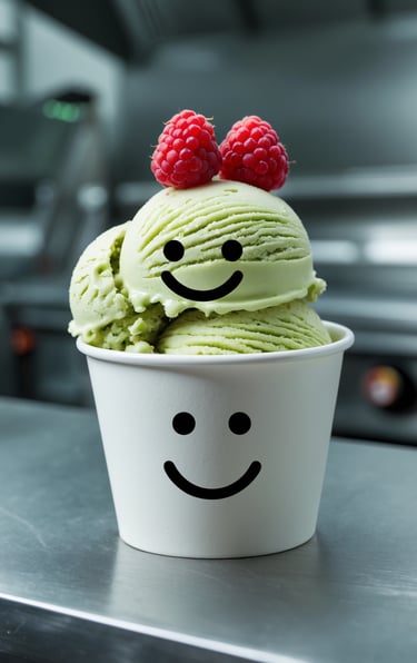 Una coppetta con disegnato uno smile contiene del gelato verde con 2 lamponi sopra. e un altro smile
