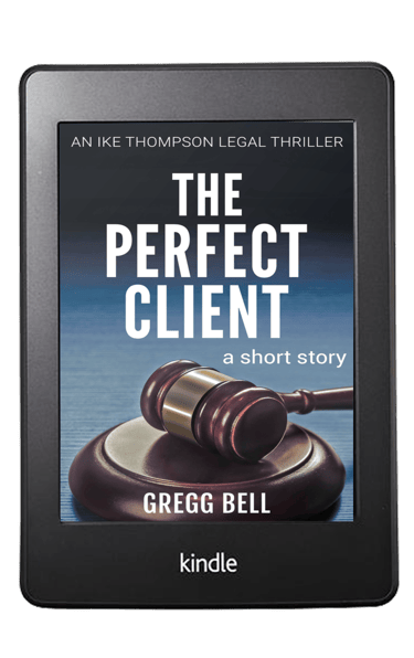 The cover of THE PERFECT CLIENT. It's a gavel on a gavel stand against a blue background.