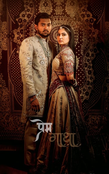 Traditional Indian bride and groom in royal wedding attire, featuring elegant bridal makeup, glowing