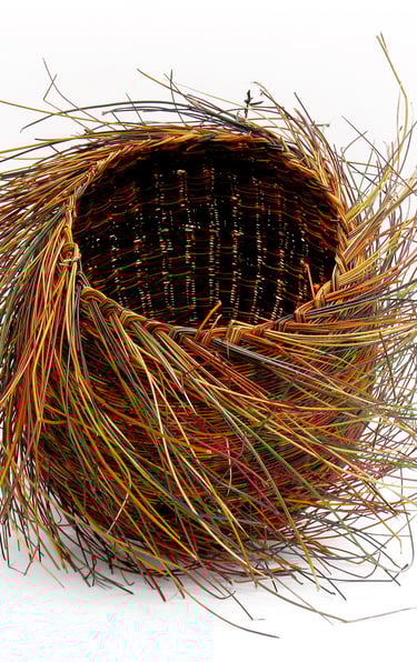 Hand-woven organic nest basket made from colorful pine needles and natural fibers on a white background.