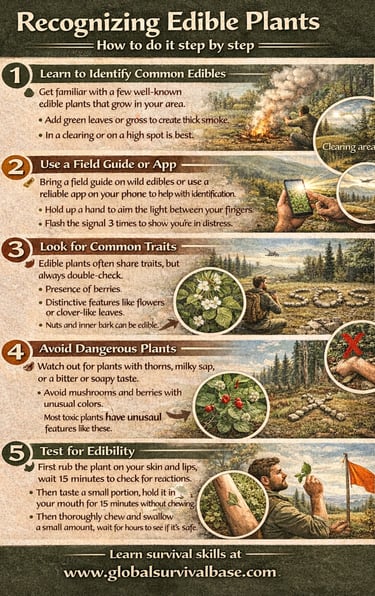 edible plants survival guide infographic showing how to identify safe wild plants