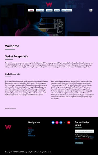 Homepage prototype with a welcome message, navigation bar, and contact info. Features a dark background and placeholder text.
