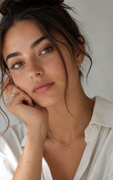 A woman with a messy bun hairstyle wearing elegant gold jewelry and a white button-down shirt.