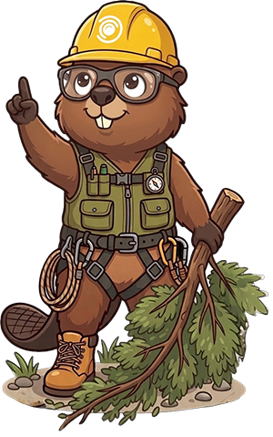 Cambium Tree Solutions mascot wearing a yellow hard hat and arborist gear holding a tree branch.