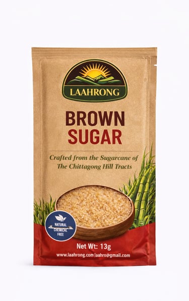 Packaged brown sugar product with sugarcane illustrations highlighting its natural, unrefined origin
