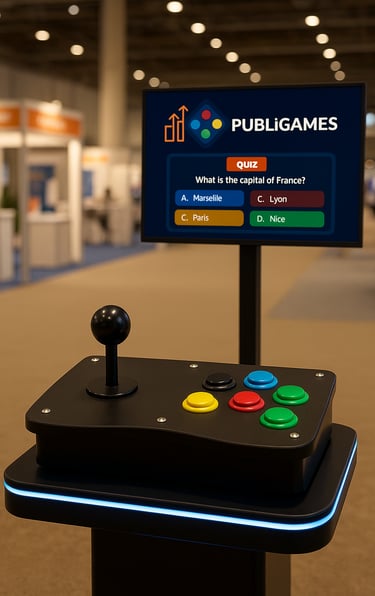 Mesa gamer Publigames com botões arcade e TV em pedestal