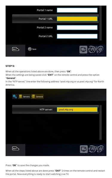 Step-by-step IPTV portal setup guide showing NTP server configuration and portal URL entry screens.