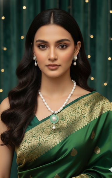 White natural freshwater pearl necklace set with green pendant and matching earrings for women