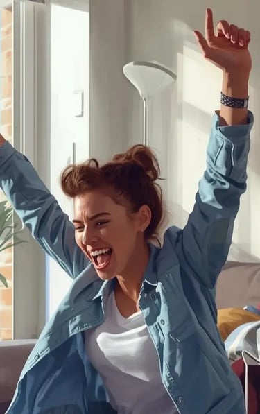 Excited young woman celebrating with arms raised in bright hotel room with luggage and ocean view