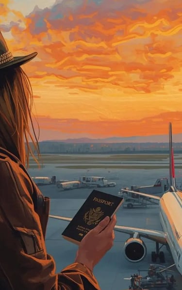 Female traveler with hat and backpack holding passport while watching airplane at airport