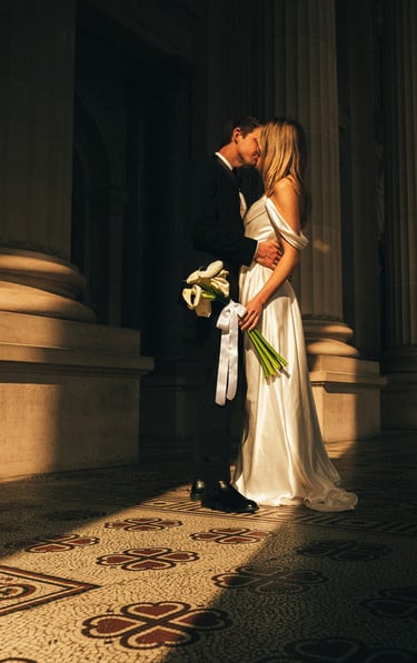 Melbourne wedding photographer captures cinematic and elegant moment of a couple at Parliament House