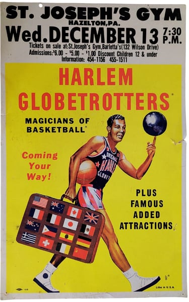 Early 1960s Harlem Globetrotters Broadside Advertisement Sign for St. Joseph's Gym game in Hazelton 