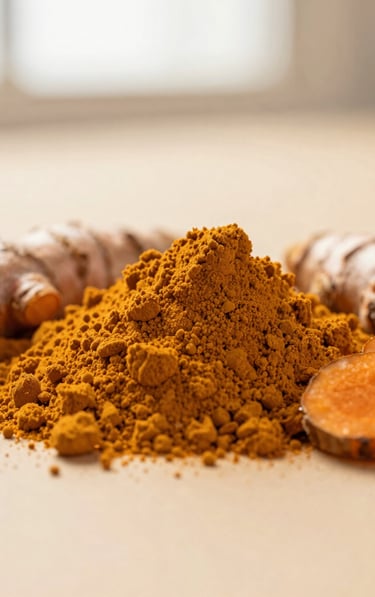 Macro close-up of vibrant raw turmeric powder and sliced turmeric root on a warm beige background, soft side light