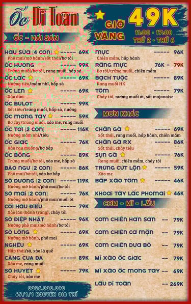 Thực đơn Ốc Dì Toàn - quán ngon quận Bình Thạnh