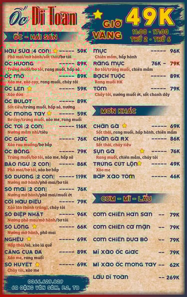 Thực đơn Ốc Dì Toàn - quán ngon quận Bình Thạnh