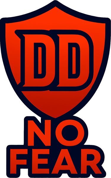 Red shield logo with the letters DD and No Fear text in bold typography.