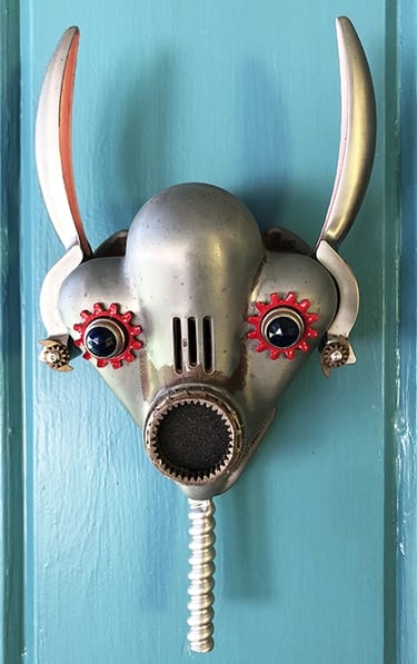 Assemblage robot head named Bunny built by artist Tal Avitzur.