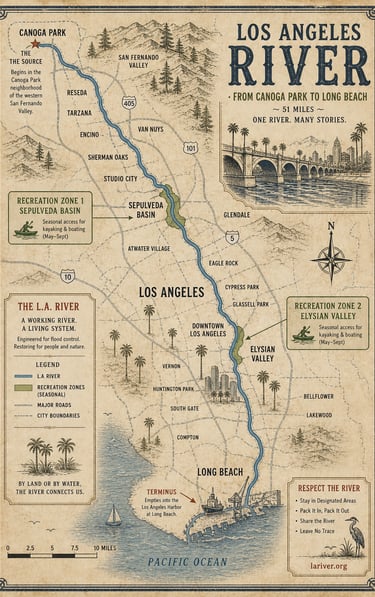 Map of the LA River from Canoga Park to Long Beach, showing neighborhoods and landmarks.