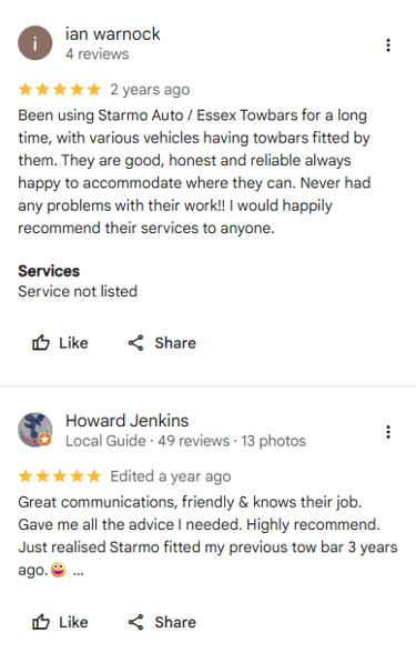 Google reviews for Essex Towbars and Starmo Auto Electrics praising reliable service