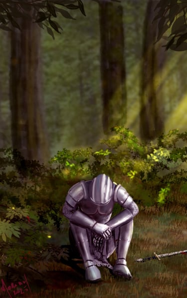 armoured knight sitting in the forest, exhausted