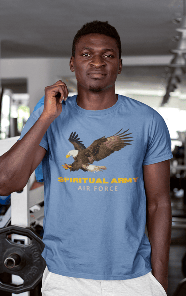 Man in gym wearing blue t-shirt with eagle and "Spiritual Army Air Force" design.