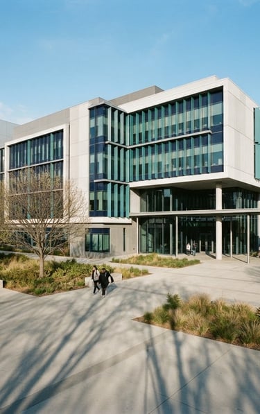 An architectural wide shot of a modern academic research facility, bright natural daylight casting long shadows, clean minimalist lines, 35mm photography.