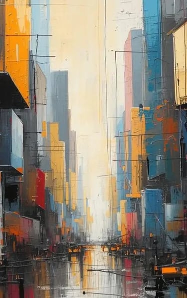 Abstract urban cityscape painting with bold geometric shapes in orange, pink, blue, and black tones
