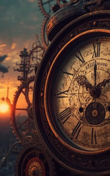 Vintage clock with ornate gears in the foreground and an airplane flying at sunset in the background