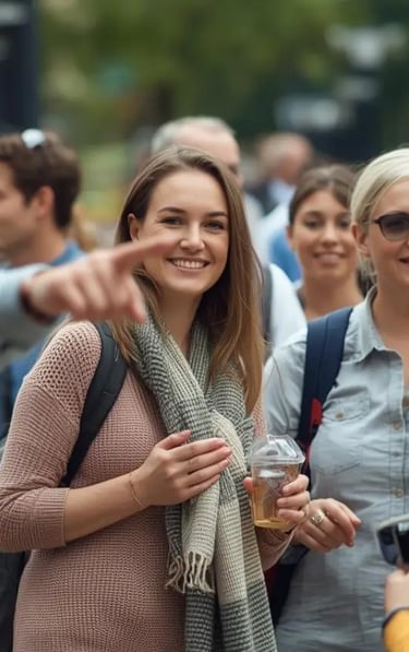 Group of smiling tourists walking together outdoors, following a guide pointing the direction.