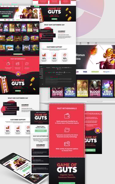 Guts landing page concepts—‘Game of Guts’ hero, game grid, fast withdrawals panel, testimonials