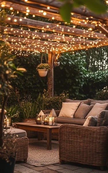 Cozy backyard patio with wicker furniture under a wooden pergola with warm string lights.