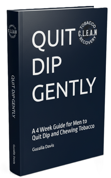 Quit Dip Gently book cover, a 4-week guide for men to quit chewing tobacco by Guzalia Davis.