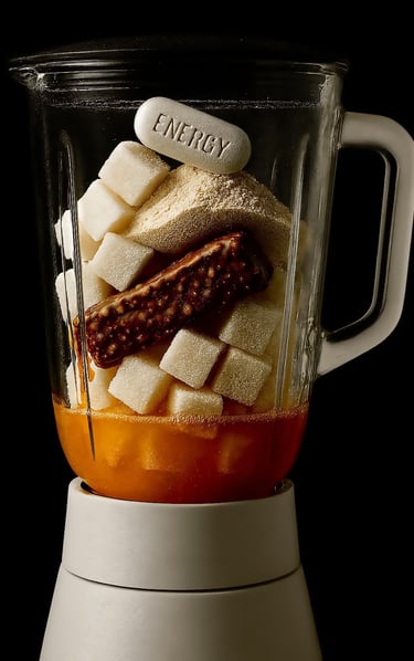 Blender vol suiker en pillen als contrast met puur Triton Alpenwater
