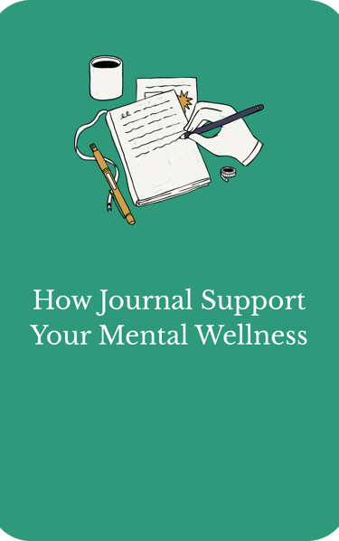 Illustration of a hand journaling for mental wellness with a notebook and coffee cup on a green background.