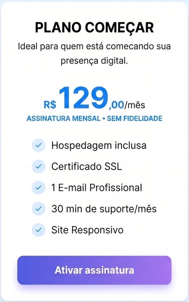 Tabela de preço do Plano Começar com hospedagem e certificado SSL por R$ 129 mensais.