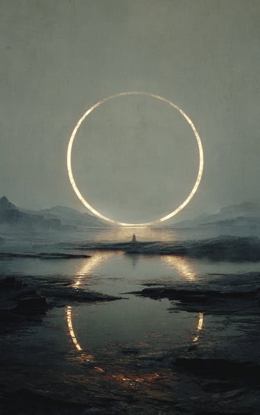 cercle lumineux surplombant un lac, et son reflet dans l'eau