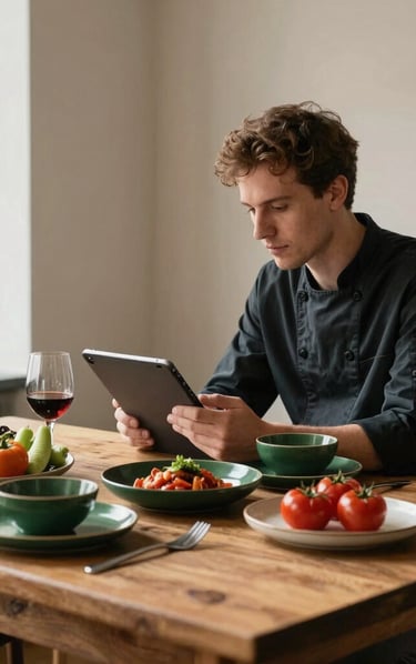 A detailed editorial photography shot set in a cozy Scandinavian restaurant space in a Western European setting. A digital strategist and a chef review content on a tablet. On the rustic wooden table sit dark forest green tableware, fresh seasonal produce, and deep crimson tomato dishes illuminated by soft daylight against light parchment walls.