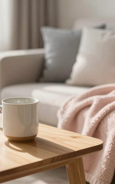 A cozy and peaceful scene in a modern North American / Global living room bathed in soft morning daylight. A ceramic mug rests on a light wooden table next to a soft blush pink cozy blanket and a soft slate grey pillow on a comfortable chair. The composition is clean, warm, and inviting, creating a sense of calm and accessibility for readers living with chronic conditions.