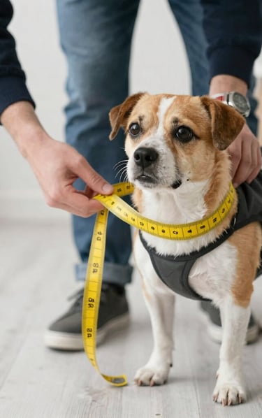 una persona tomando medidas a u perro con una sinta amarilla
