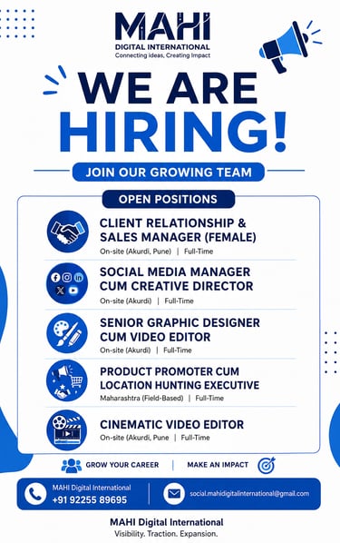 Hiring poster for Mahi Digital International listing job openings for Sales Manager, Social Media Manager, and Graphic