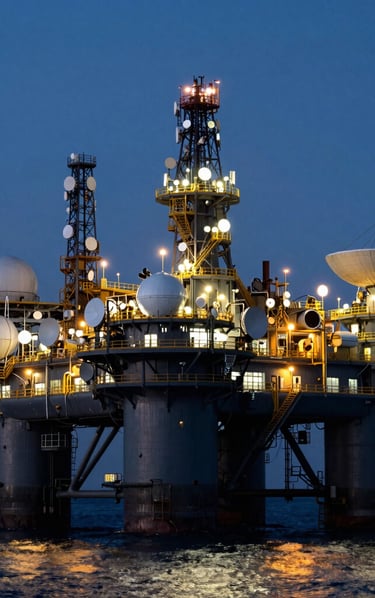 A high-impact dusk photograph of massive industrial oil rigs integrated with modern telecommunication satcom domes and antennas in North America. The scene is illuminated by glowing amber industrial lights, creating strong reflections against the dark metallic hulls and the deep indigo evening sea. Powerful, dramatic composition with low-key premium lighting.