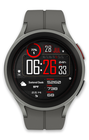 a smartwatch sport watch with a grey and red watch face