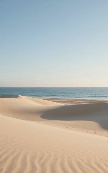 A minimalist fine-art photography of a serene Mediterranean beach in Spain. In the composition, fine sand beige dunes gently meet the calm, translucent sky blue sea. The morning light is soft and warm, casting long delicate shadows on the ivory-colored sand. Clean, spacious layout conveying deep tranquility, peace, and high-end minimalism.