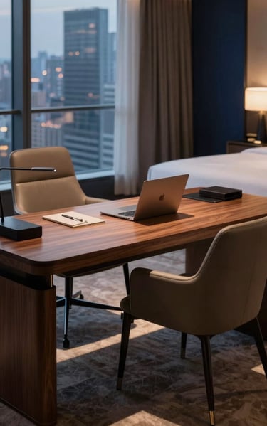 A high-angle photograph of a luxury executive apartment suite designed for global and international executive travelers. The interior features a sleek workspace with a minimalist walnut desk, an elegant leather chair, and warm evening ambient light casting a soft glow. In the background, a plush king-sized bed with crisp off-white linens is visible, next to a large window overlooking a softly lit metropolitan skyline. The color scheme features sophisticated deep navy blue and warm taupe tones, embodying a refined and prestigious hospitality experience.