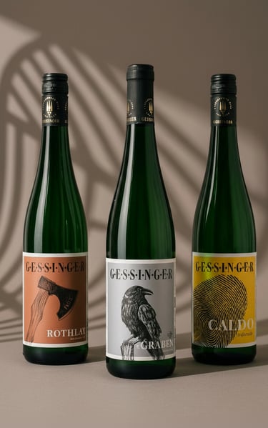 Three bottles of Gessinger Riesling wine with artistic labels featuring an axe, a raven, and a fingerprint.